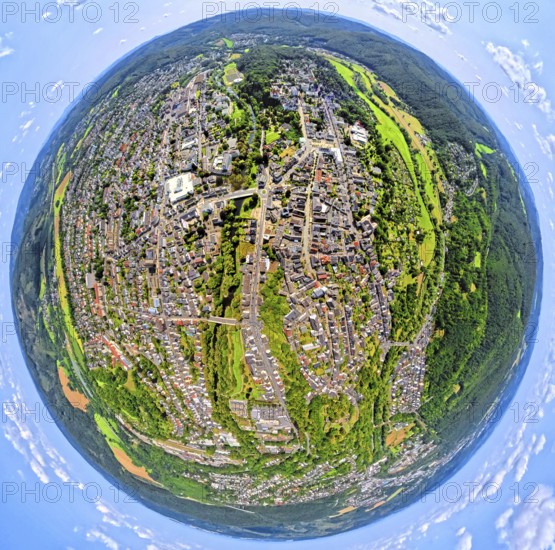Aerial view, city centre view with town hall district government Arnsberg, earth globe, fisheye