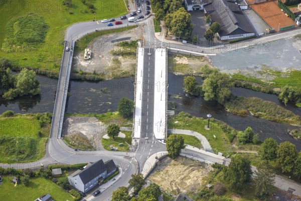 Aerial view, temporary bridge and construction site with new construction of the Dinscheder