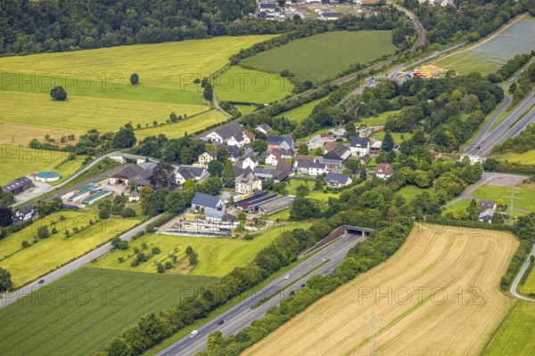 Aerial view, residential area, view of Uentrop district with tunnel and green bridge over the A46