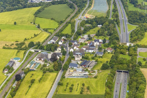 Aerial view, residential area, view of Uentrop district with tunnel and green bridge over the A46