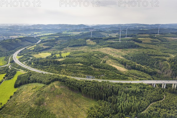 Aerial view, forest area with forest damage and wind turbines, motorway A46 with Freienohl