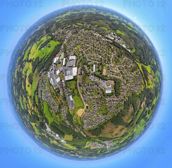 Aerial photo, residential area, local view, Niedereimer district, earth globe, fisheye shot, 360