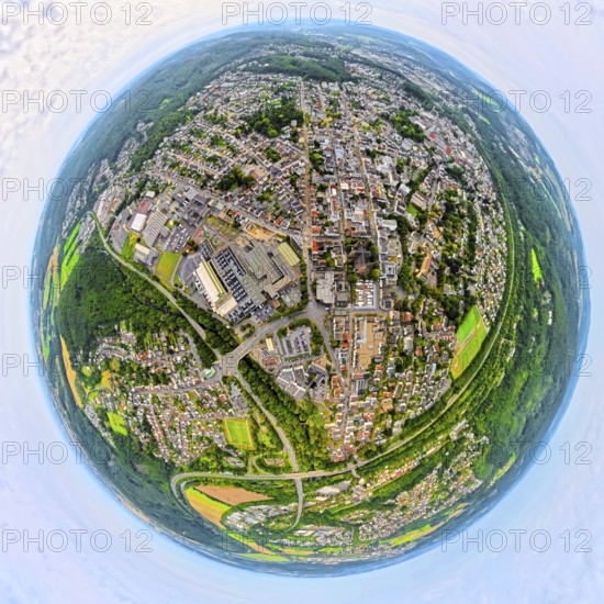 Aerial view, residential area city centre view Neheim City East, earth globe, fisheye image, 360
