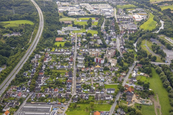 Aerial view, residential area Breddestraße in Hüsten with motorway A46, river Ruhr, above stadium