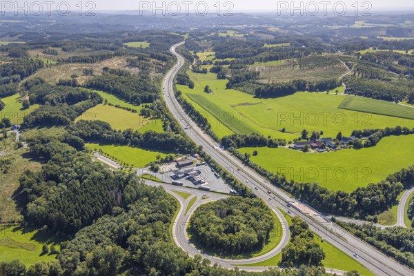 Aerial view, motorway A45 and junction Drolshagen with state road L708, with tankpool24 petrol