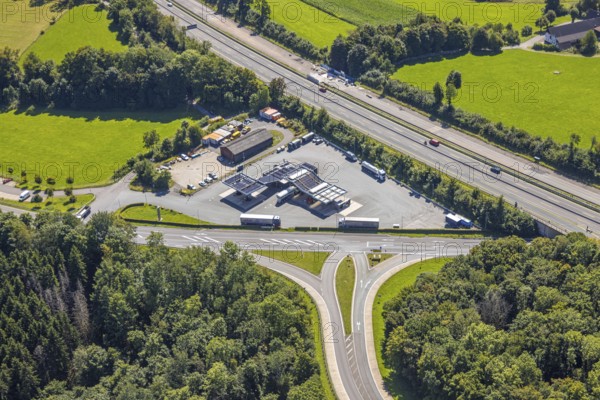 Aerial view, motorway A45 and junction Drolshagen with state road L708, with tankpool24 petrol