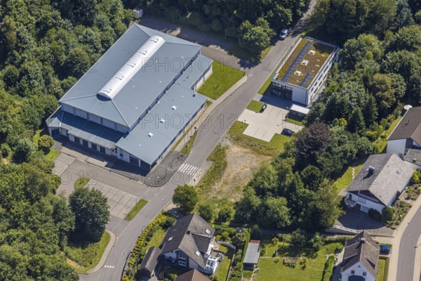 Aerial view, sports hall Wünne TUS 09 Drolshagen and new building dormitory for refugees,