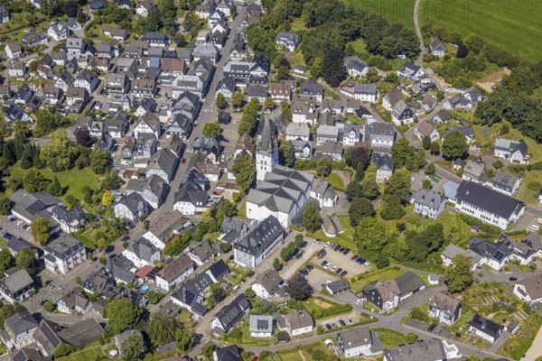 Aerial view, view of the town with St. Clemens Church and Old Monastery Drolshagen, Drolshagen,
