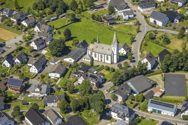 Aerial view, Church of St. Antonius Einsiedler in the village centre, Iseringhausen, Drolshagen,