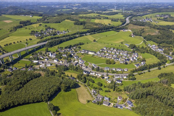 Aerial view, residential area, view of Bleche district with St. Josef church, motorway A45, Scheda,