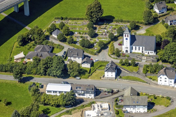 Aerial view, St. Josef Church and Cemetery in Bleche, Kindergarten Die kleinen Strolche, Scheda,