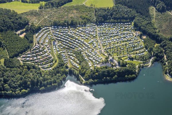 Aerial view, Listertalsperre with camping site Camping Gut Kalberschnacke, Herpel, Drolshagen,