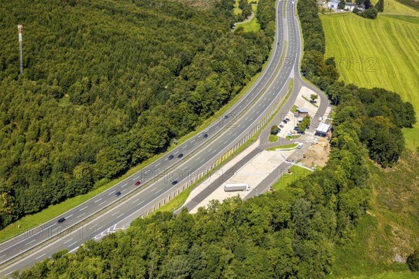 Aerial view, construction site with new rest area and car park Neuenschmiede on the A45 motorway,