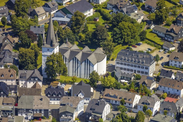 Aerial view, view of the town with St. Clemens-Kirche und Altes Kloster Drolshagen, Drolshagen,