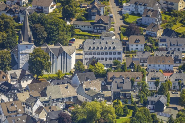 Aerial view, view of the town with St. Clemens-Kirche und Altes Kloster Drolshagen, Drolshagen,