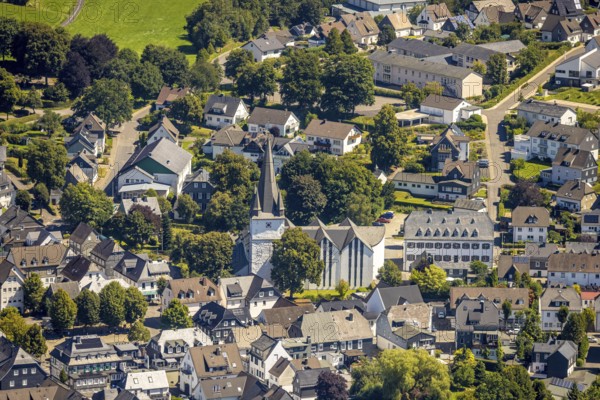 Aerial view, view of the town with St. Clemens-Kirche und Altes Kloster Drolshagen, Drolshagen,