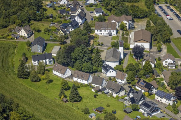 Aerial view, Church of the Nativity of Mary and primary school, residential area, local view,