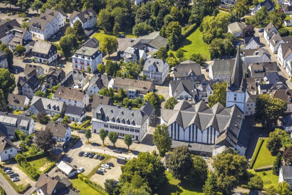 Aerial view, view of the town with St. Clemens-Kirche und Altes Kloster Drolshagen, Drolshagen,