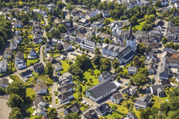 Aerial view, view of the town with St. Clemens-Kirche und Altes Kloster Drolshagen, Drolshagen,