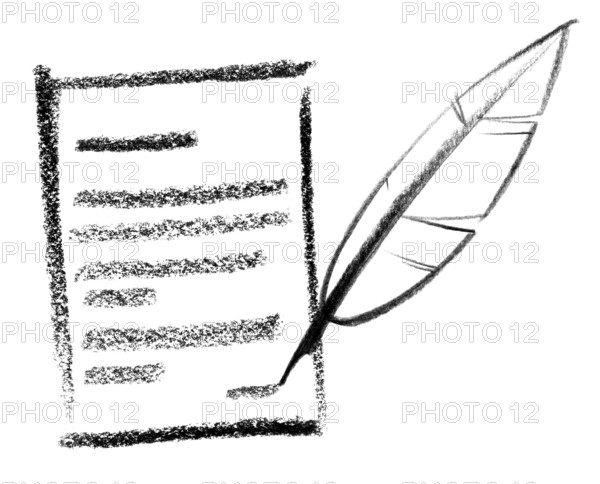 Crayon-sketched illustration of a written information and quill