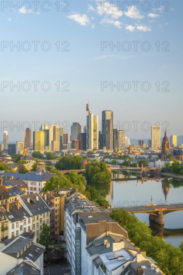 Frankfurt Skyline, Residential Buildings, Bridges and Main River at Sunrise. Wide Shot. Aerial View