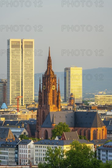 Frankfurt Cathedral, Residential Buildings and City at Sunrise. Aerial View. Golden Hour. Hesse,
