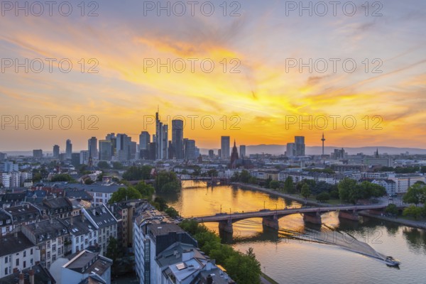 Frankfurt City Downtown, Residential Buildings, Bridges and Main River at Fiery Colorful Sunset.