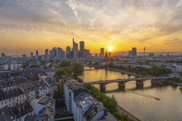 Frankfurt Downtown Skyline, Residential Buildings, Bridges and Main River at Fiery Sunset. Wide