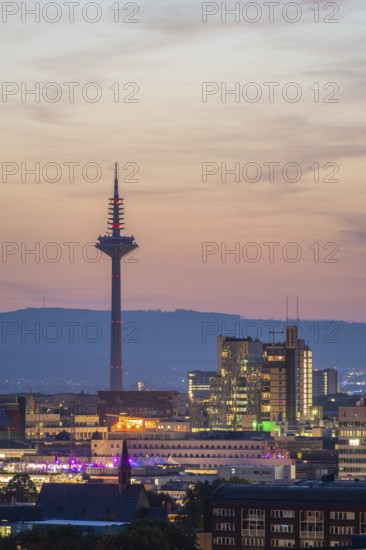 FRANKFURT, GERMANY, JUNE 12, 2025: Illuminated Europaturm Telecommunications Tower in Frankfurt