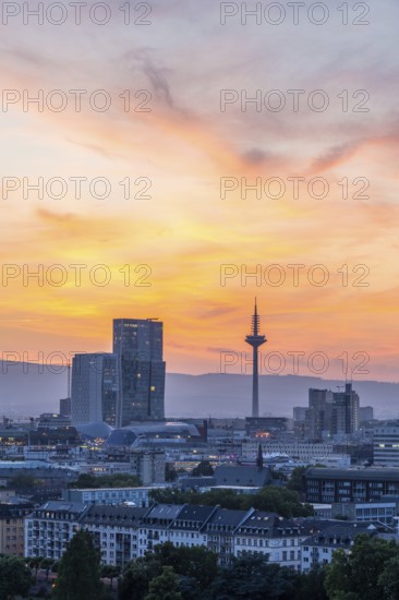 FRANKFURT, GERMANY, JUNE 12, 2025: Europaturm Telecommunications Tower in Frankfurt City at Fiery