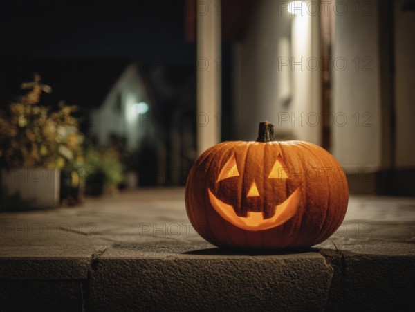A carved, glowing pumpkin with a smiling face stands on a wall in front of a house at night,
