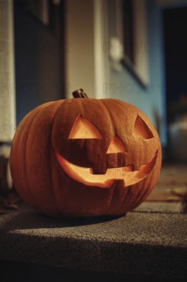 A carved, glowing pumpkin with a smiling face stands on a wall in front of a house at night,