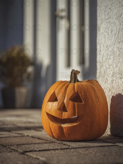 A carved pumpkin with a smiling face stands on a house wall in front of a residential building,