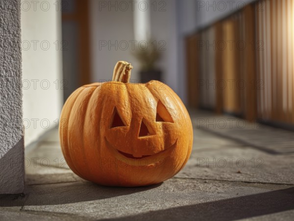 A carved pumpkin with a smiling face stands on a house wall in front of a residential building,
