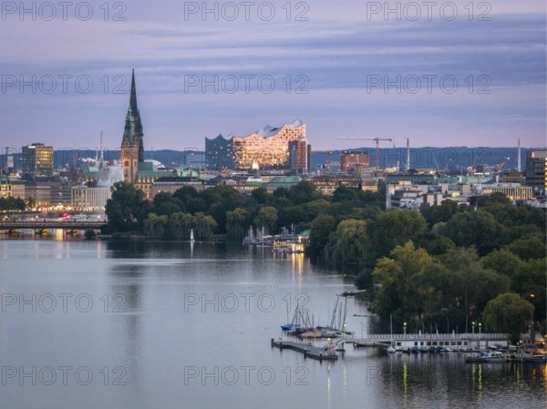 Aerial view of the Outer Alster and Binnenslater at dusk during the Blue Hour with illuminated