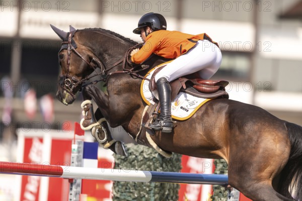 Sanne Thijssen of the Netherlands, riding Cupcake Z, competes in the first round of the 2025 BMO