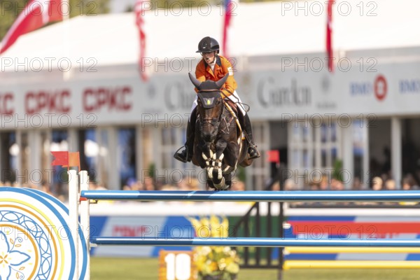 Sanne Thijssen of the Netherlands, riding Cupcake Z, competes in the first round of the 2025 BMO