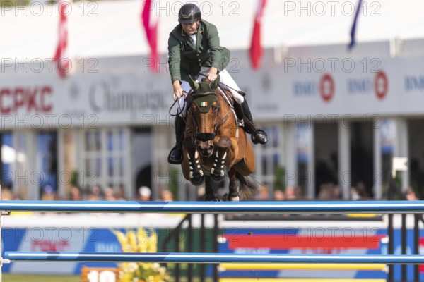 Jordan Coyle of Ireland, riding Chaccolino, competes in the first round of the 2025 BMO Nations Cup