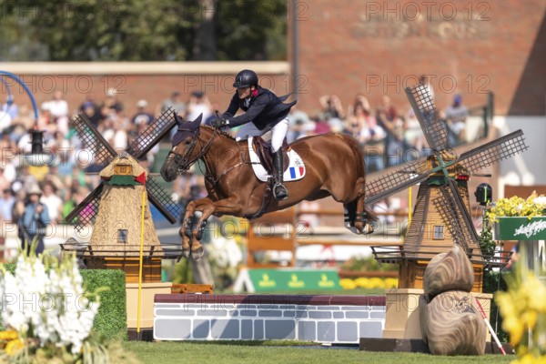 Emeric George of France, riding Dune Du Ru, competes in the first round of the 2025 BMO Nations Cup