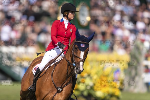 Elena Haas of the USA, riding Claude, competes in the first round of the 2025 BMO Nations Cup