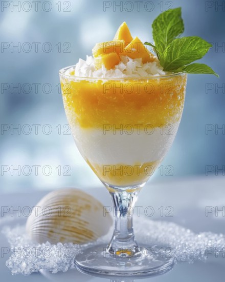 A layered mango dessert in a glass, topped with coconut flakes, fresh mango pieces, and mint