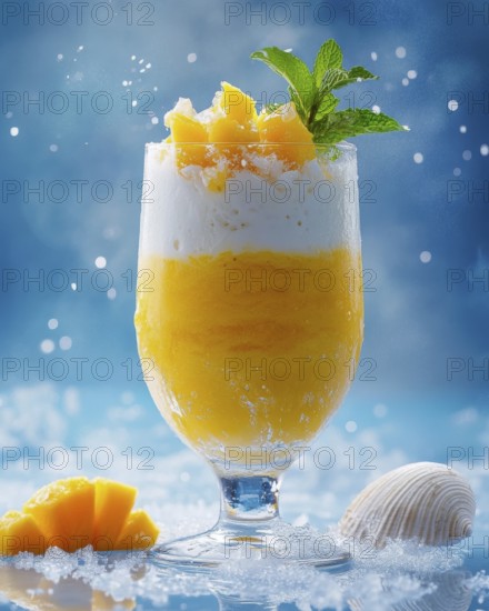 A vibrant mango smoothie is presented in a glass, garnished with fresh mint and mango chunks. A