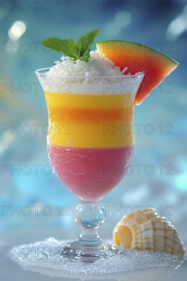 A refreshing layered cocktail with a watermelon slice and mint leaves, perfect for a hot day. The
