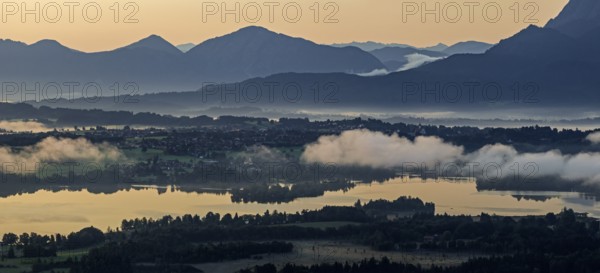 Lake, mountains, morning light, sunrise, fog, summer, panorama, Staffelsee, Murnau, Alpine