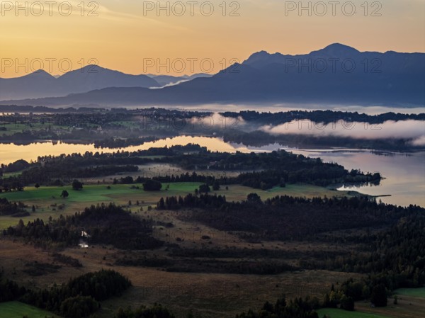 Lake, mountains, morning light, sunrise, fog, summer, Staffelsee, Murnau, Alpine foothills,