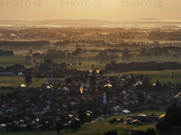 Place, houses, morning light, sunrise, fog, summer, Uffing am Staffelsee, foothills of the Alps,