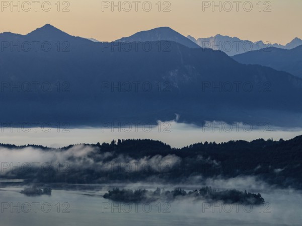 Lake, mountains, morning light, sunrise, fog, summer, Staffelsee, Murnau, Alpine foothills,