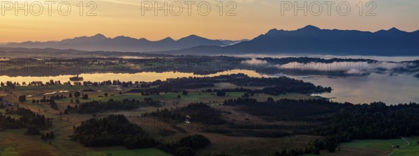 Lake, mountains, morning light, sunrise, fog, summer, panorama, Staffelsee, Murnau, Alpine
