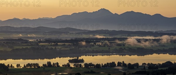 Lake, mountains, morning light, sunrise, fog, summer, panorama, Staffelsee, Murnau, Alpine