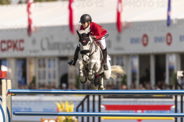 Susan Horn of Canada, riding, Dominka Van De Lucashoeve, competes in the first round of the 2025